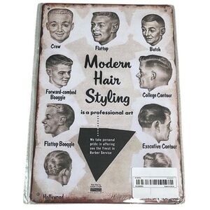 Vintage Vibe NWT 50s Men's Hair Styling Tin Metal Sign Barbershop Black White